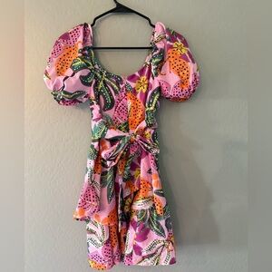 Floral Puff-Sleeve Pink Tie-Waist Dress